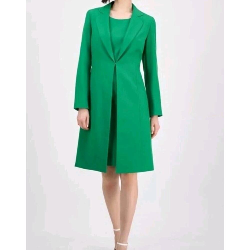 Le Suit Crepe Topper Jacket Sheath Dress Suit 12P Verde Green Sleek Elegant Chic